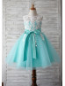 Turquoise Tulle Ivory Lace V Back Knee Length Flower Girl Dress 